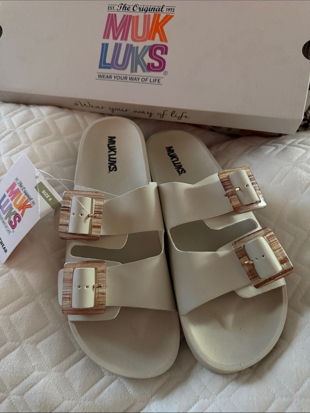Muk Luks Cream Slip-On Sandals with Tortoiseshell Buckles